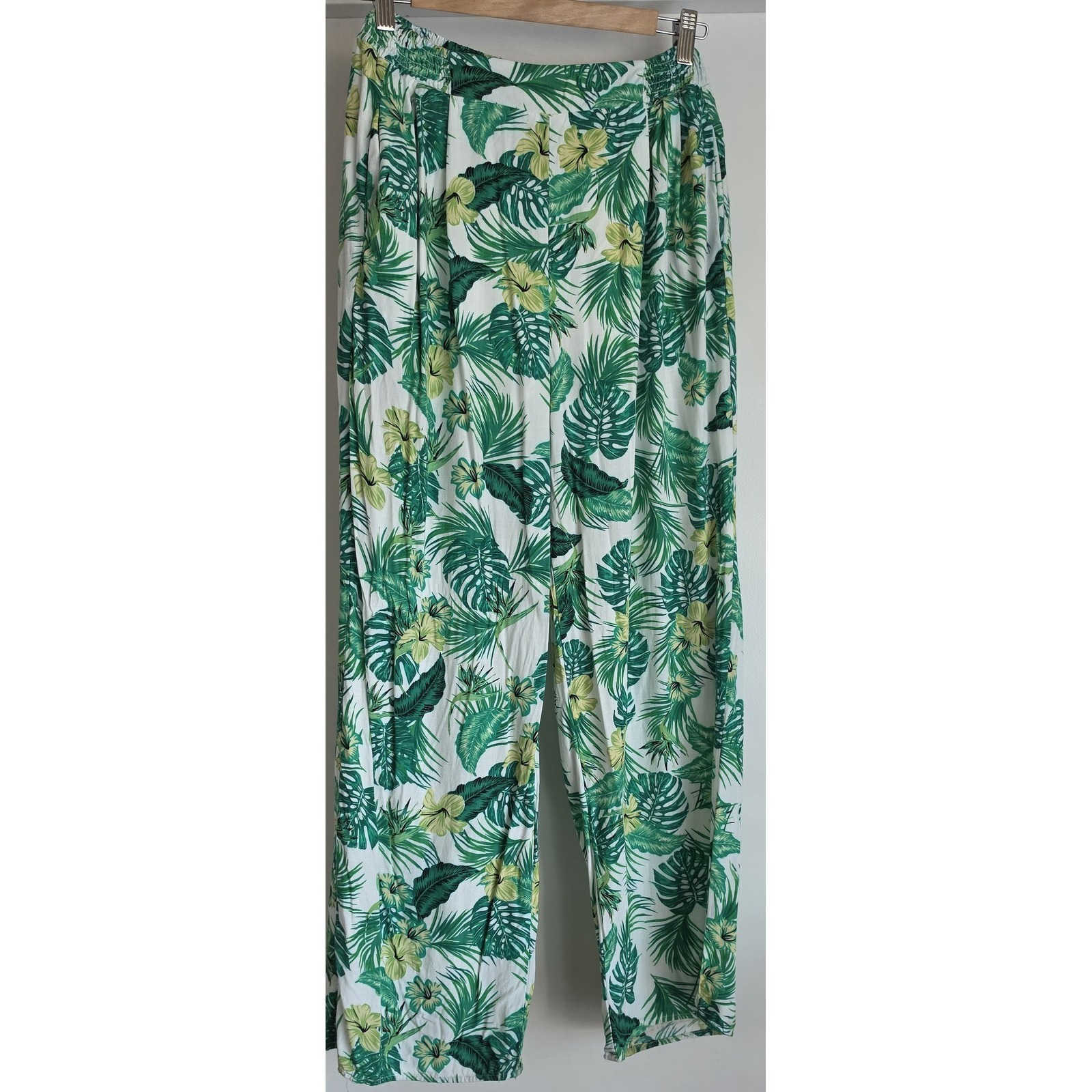 Akira Pants Women S Casual Tropical Floral Green White Cotton Wide Leg Trousers